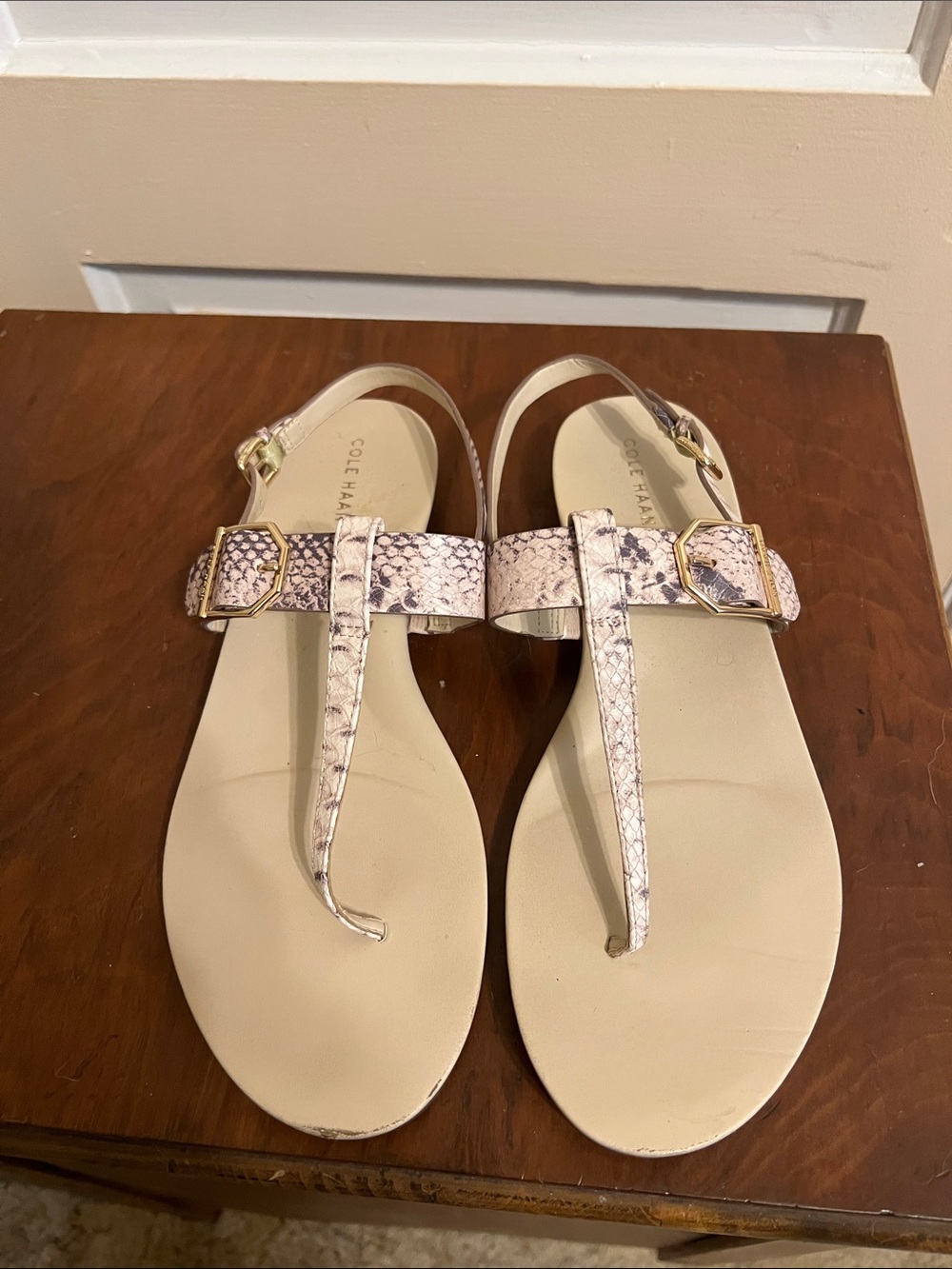 Cole Haan Cream and Light Pink Snake-Print T-Strap Sandals